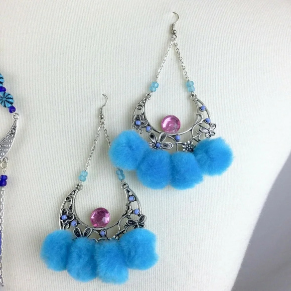 OOAK Artsy Wild Boho Statement Earrings Dangle Feathers Poms Handmade - Picture 4 of 5